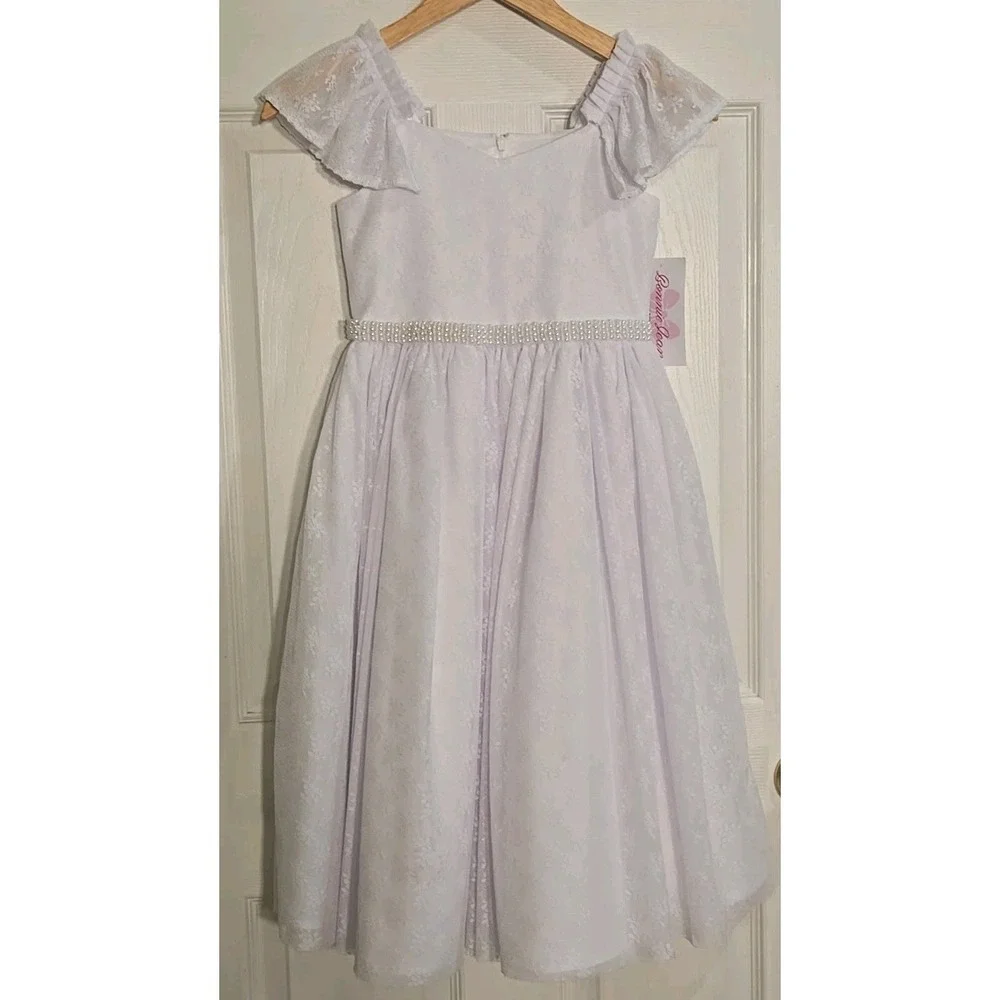 Bonnie Jean Communion Dress 7 Flutter Sleeve Flower Girl White Lace NEW